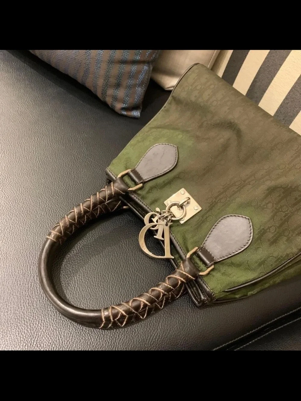 Dior Olive Green Monogram Satchel with Braided Dark Brown Handles